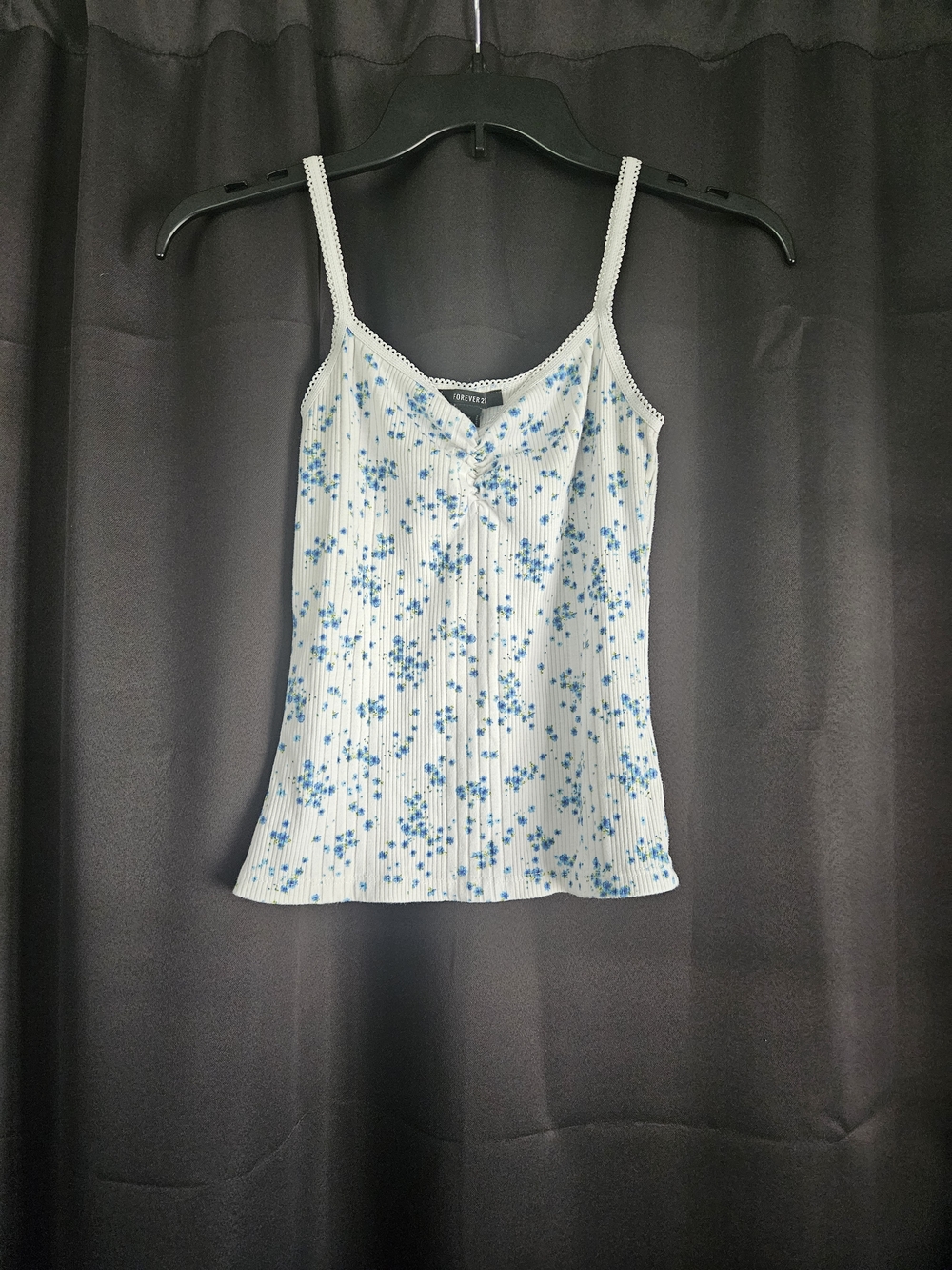 Forever 21 White Ribbed Cami with Blue Floral Print